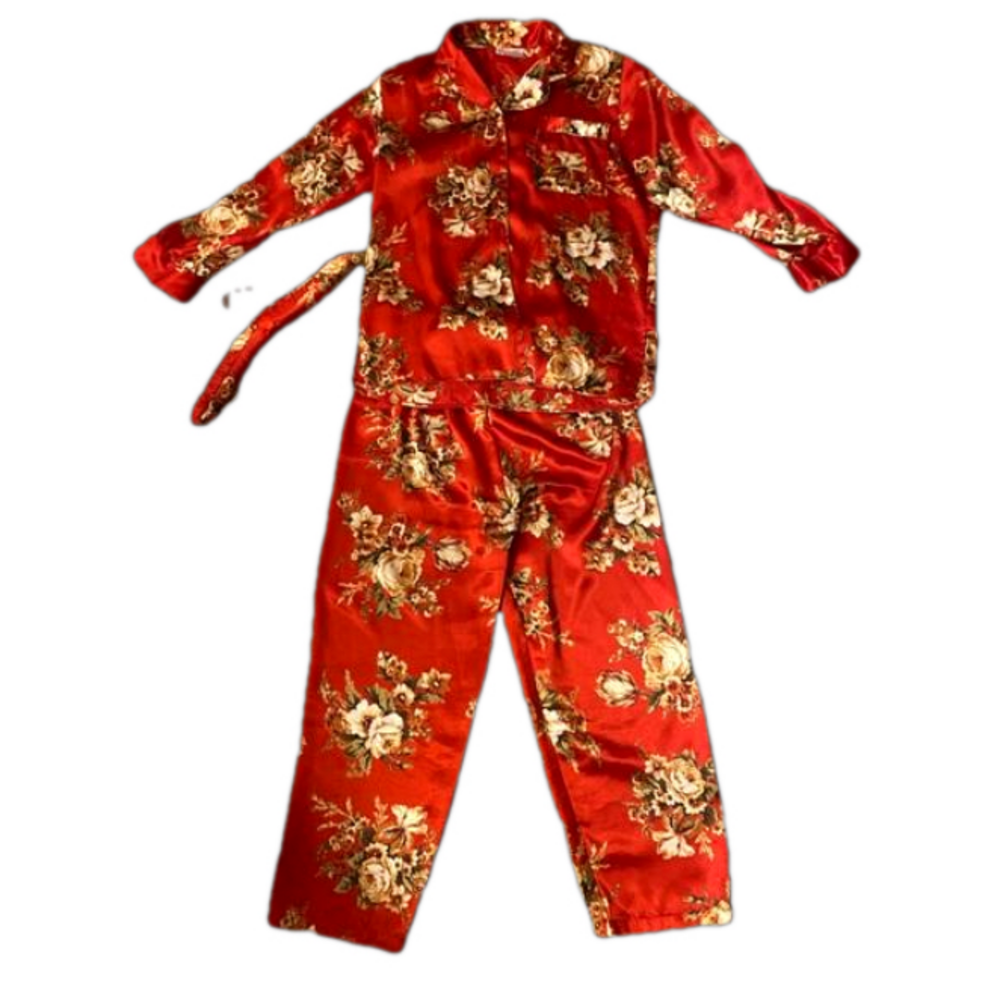 Versailles Vintage Satin Feel Polyester Floral Print PJ 3 Piece Set Small